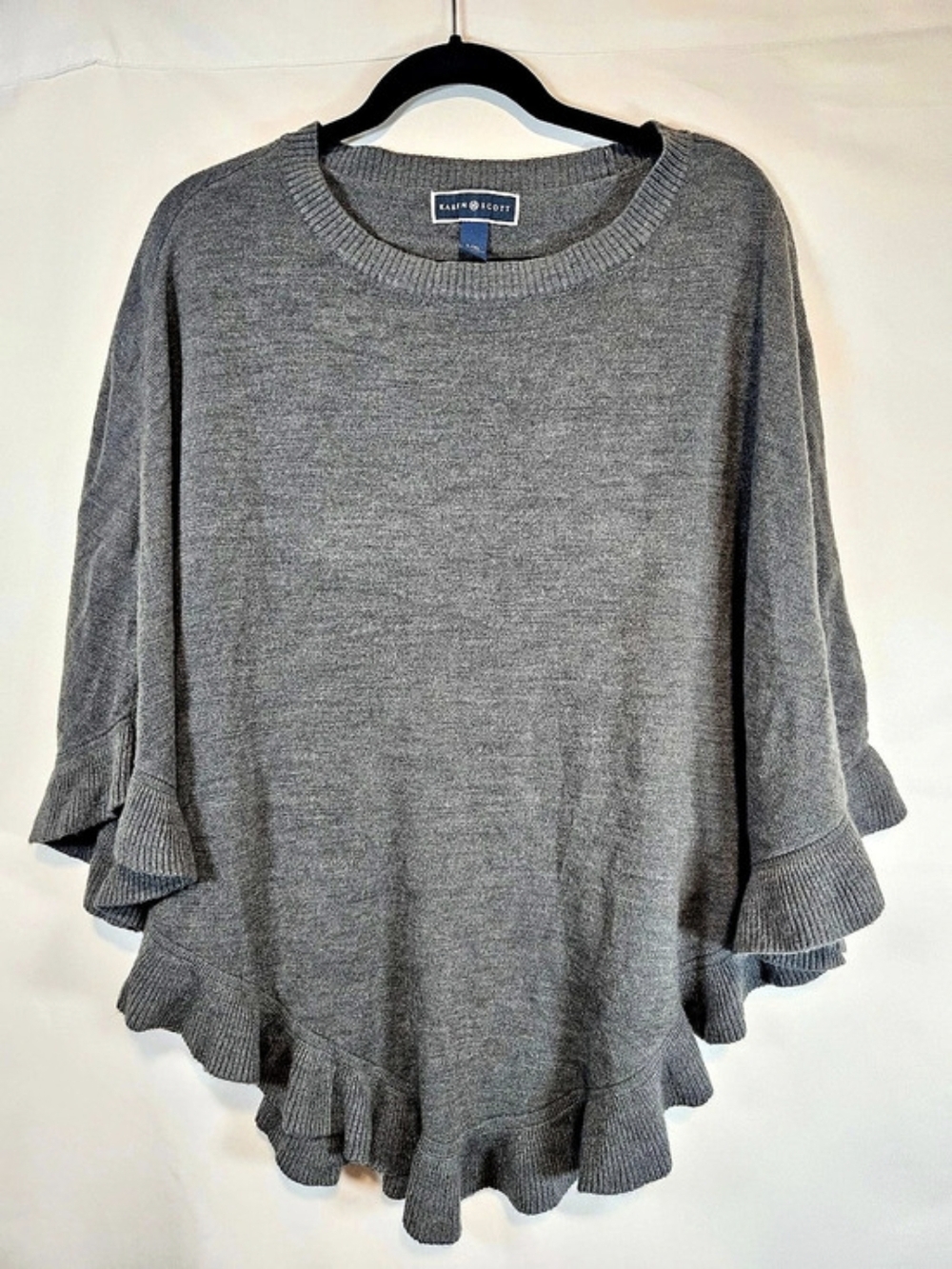 Karen Scott Ruffle-Hem Poncho Cape Sweater Gray L/XL Casual Cozy Office
